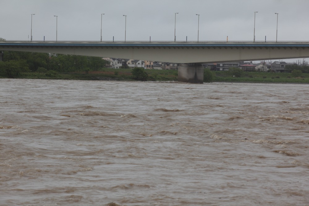 大雨による濁流の多摩川と稲城大橋
